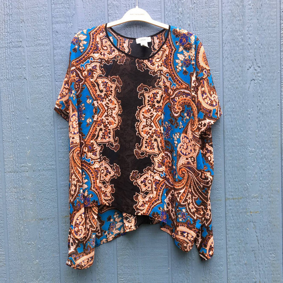 Carmen Marc Valvo Women's Size XL Semi Sheer Boho Printed Blouse - Picture 1 of 5